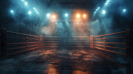 Canvas Print - A boxing ring with a wet floor and lights on