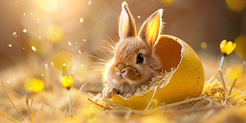 Wall Mural - cute fluffy rabbit sitting in broken egg
