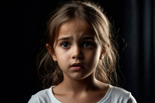 Portrait of confused girl child model in white t-shirt expression emotion, scared looking away. Anxious cover kid 6 year old posing at black, studio shot. Kids emotional concept. Copy ad text space