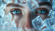 face of a young woman and beautiful eyes  with ice cubes, fashion and heat, cooling in summer, ice to preserve youthful skin