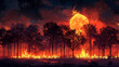 A forest fire is burning in the woods, with a large orange moon in the sky