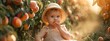 a baby eats peaches in the garden.