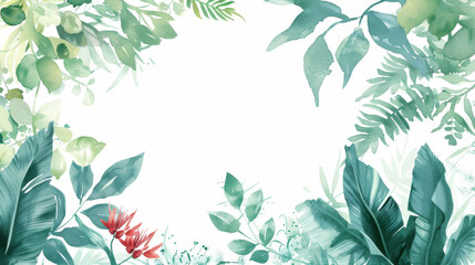 Wall Mural - watercolor green leaves background with copy space in the center