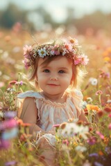 Wall Mural - little girl baby in a flower field in a wreath of flowers.