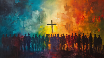 Sticker - A painting of a cross with a group of people in the background
