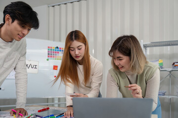 Wall Mural - brainstorm team of creative web graphic designer planning. creative designers present ux ui to team.