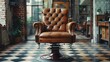 A brown leather chair sits in a room with a checkered floor. The chair is the focal point of the room, and it is in a barbershop. The room is decorated with potted plants and a mirror