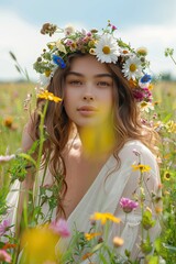 Wall Mural - beautiful woman in a flower field in a wreath of flowers.