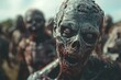 A horde of realistic zombies looking at the camera, providing a creepy visual effect