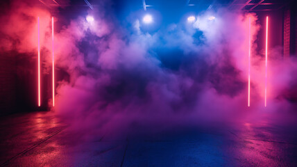 Wall Mural - A dark room with purple and blue lights and a lot of smoke