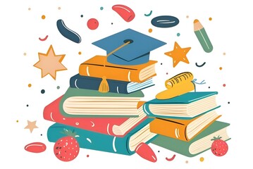 Wall Mural - A vivid illustration with design ideas for going back to school, tutorials and graduation cap elements for success and graduation concepts.