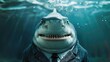 A cute kawaii 3D mascot character design corporate business shark wearing a suit and tie is smiling with its teeth showing.