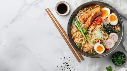 Sticker - Tasty ramen bowl on white surface with room for text Traditional noodle dish