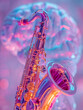 Saxophone and Cognitive Jazz showing a stylized brain with saxophone keys adorning the right hemisphere