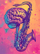 Saxophone and Cognitive Jazz showing a stylized brain with saxophone keys adorning the right hemisphere