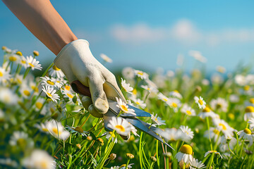 Sticker - Show a person's hand, adorned with gardening gloves, gently removing a wilted daisy head using pruning shears, against a vibrant backdrop of a daisy field under a clear blue sky.