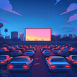 Outdoor cinema drive-in movie theater with cars on open, generative Ai