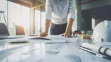 Poster - Diverse engineer team working at the office table with construction plans and architect equipment and planning construction project Focus on an asian vietnamese woman team leader holdi : Generative AI