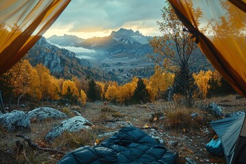 Wall Mural - An inviting image captured from inside a tent framing an autumnal landscape with mountains