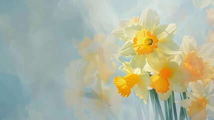 bouquet of yellow flowers Daffodils on watercolor background Spring season bloom of Jonquil Blossom of spring flowers narcissus Celebrating of St Davids Day Horizontal banner with copy : Generative AI