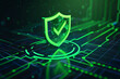 A shield icon with a green tick on a digital background