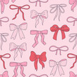 Seamless vector pattern with cute coquette bows. Balletcore background with pink and red ribbons. Hand drawn silk tape accessory. Girly texture for wallpaper, wrapping paper, textile design