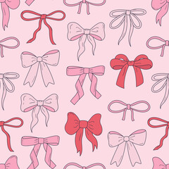 Poster - Seamless vector pattern with cute coquette bows. Balletcore background with pink and red ribbons. Hand drawn silk tape accessory. Girly texture for wallpaper, wrapping paper, textile design