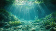 underwater paradise: a serene and mystical underwater landscape with sunbeams piercing through the water illuminating the aquatic plants