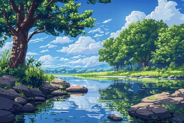  Reflect on the everchanging movement of water in a serene river setting , 2d pixel art
