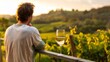 A lone figure stands with back to the camera lost in thought on a balcony overlooking the carefully cultivated vines of the . .