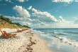 Immerse yourself in the tranquility of this professional shot capturing a serene European beach scene on a sunny summer day. Beachgoers relish in sunbathing