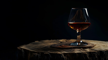 Poster - Snifter of brandy on a old wooden snag Black background with copy space Selective focus : Generative AI