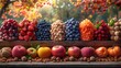Cartoon podium featuring a variety of nuts and dried fruits, orchard harvest background