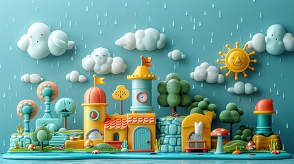 Digital render of a child s weather station kit, measuring tools for wind and rain in a fun setup