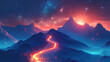 Path to success concept with glowing light path going up on a mountain, generative Ai
