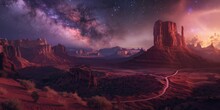 A Breathtaking View Of A Desert Landscape Under A Starry Night Sky, Featuring The Milky Way Above Towering Rock Formations And A Winding Road