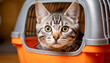 Extreme close-up of a beautiful cute American shorthair cat (domestic cat or kitten), looking at camera into an orange and grey plastic pet carrier. Generative Ai.