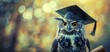 the graduate owl, wearing a graduation gown, copy space, soft and bright backdrop