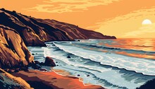 Vivid Sunset Over A Serene Rocky Coastline With Majestic Waves Crashing Against The Shore