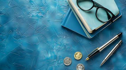 Fototapete - Flat lay view of money coin eyeglasses pen and book bank on blue leather background with copy space Business and financial concept : Generative AI