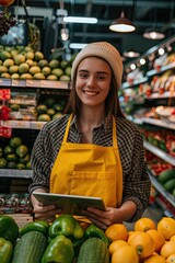 Wall Mural - A woman working in a grocery store with a tablet in her hands.