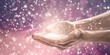 Loving healing energy - female cupped hands filled with plasma surrounded by bokeh light effect depicting gentle feminine healing energy with copy space
