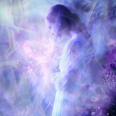 Wall Mural - Sending high vibrational love healing frequency energy - side profile of female looking at shimmering pink light in an ethereal soft blur effect purple pink light with copy space for spiritual message