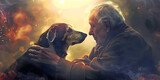 Fototapeta Tęcza - Man's best friend - pensioner with grey hair face to face with his loyal dog holding him on the shoulders and staring into his eyes lovingly
