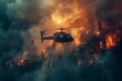 A dramatic scene depicting a helicopter combating a raging forest fire under an ominous sunset sky