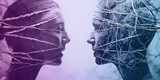 Fototapeta Tęcza - Relationships can go through thorny patches - female side profile head facing a male side profile head, both wrapped in wire and twine depicting trouble in their partnership and copy space