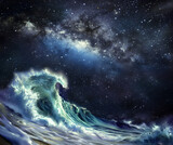Fototapeta Tęcza - Nature at its best the mighty ocean under the dreamy Milky Way Galaxy - huge wave rearing up almost touching the inky black sky with space for a spiritual message or for a wall art canvas
