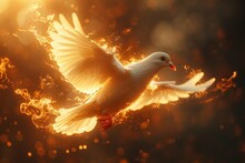 A Captivating Image Showcasing A Dove With Fiery Wings Soaring Amidst A Mystical, Sparkling Background