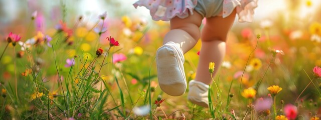 Wall Mural - legs of a small child on the background of a field of flowers