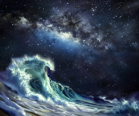 Wall Mural - nature at its best the mighty ocean under the dreamy milky way galaxy - huge wave rearing up almost 